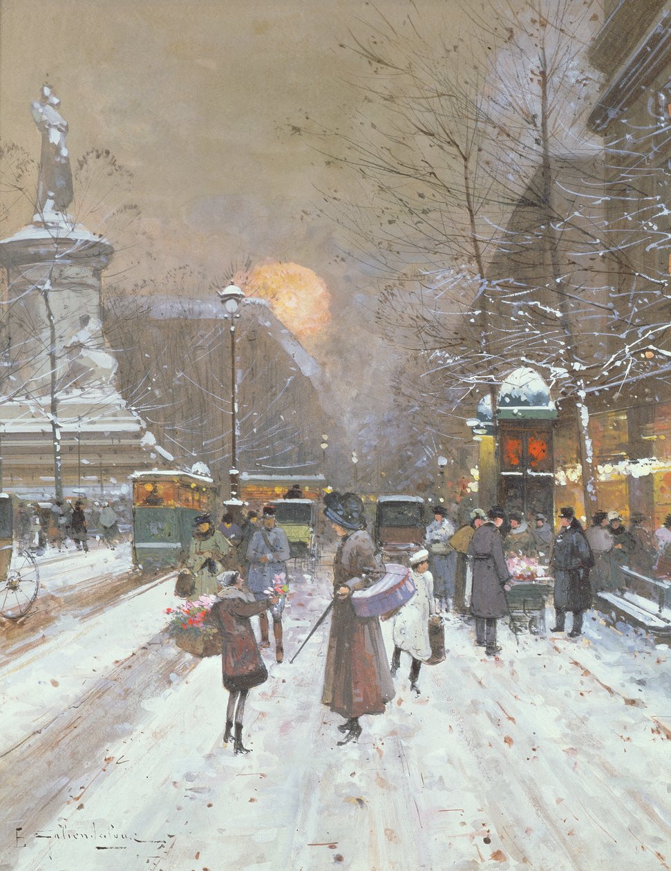 Escena de nieve parisina de Eugene Galien Laloue