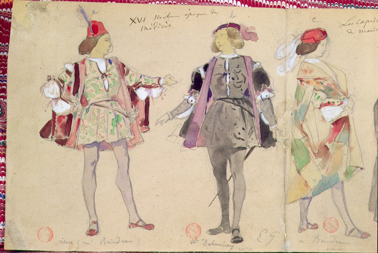 Diseños de vestuario para Octave (interpretado por Brindeau) y Coelio (interpretado por Delaunay) para 