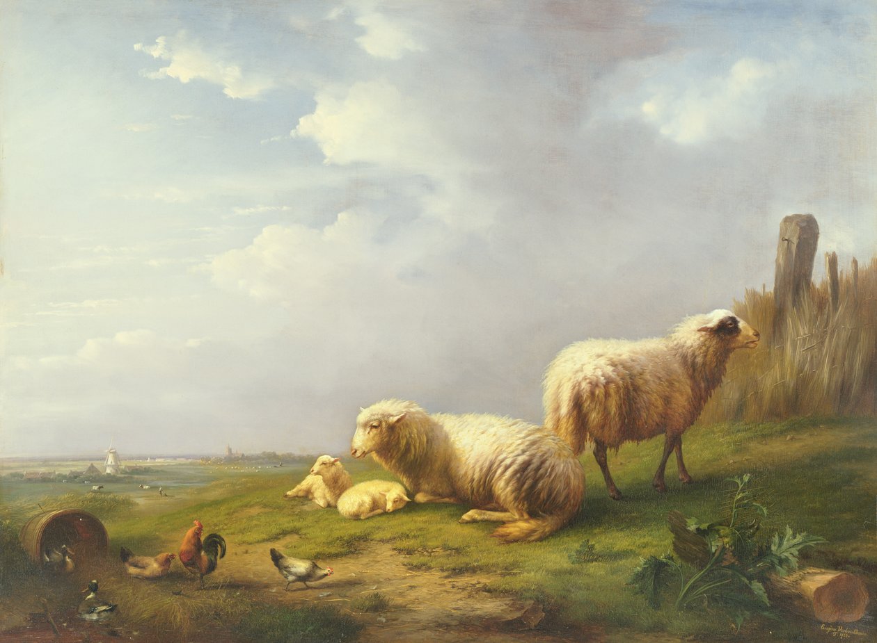 Ovejas y gallinas en un paisaje, siglo XIX de Eugene Joseph Verboeckhoven