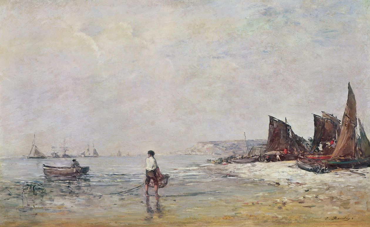 Pescador en Villerville, marea baja de Eugene Louis Boudin