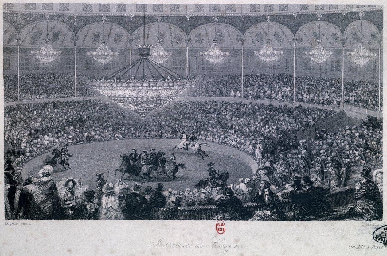 Espectáculo ecuestre en el circo Franconi, Champs Elysées, París, grabado por Charles Mottram, tomado de Verano e Invierno en París de Eugene-Louis Lami