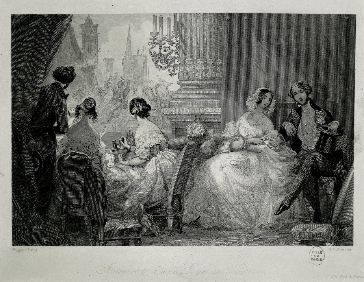 Interior de la Ópera de París, personas en un palco de Eugene Louis Lami