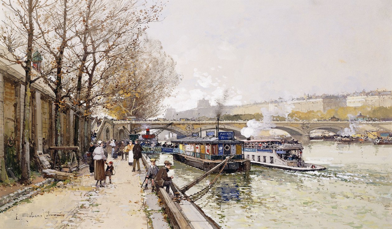 Barcazas en el Sena de Eugene Galien Laloue