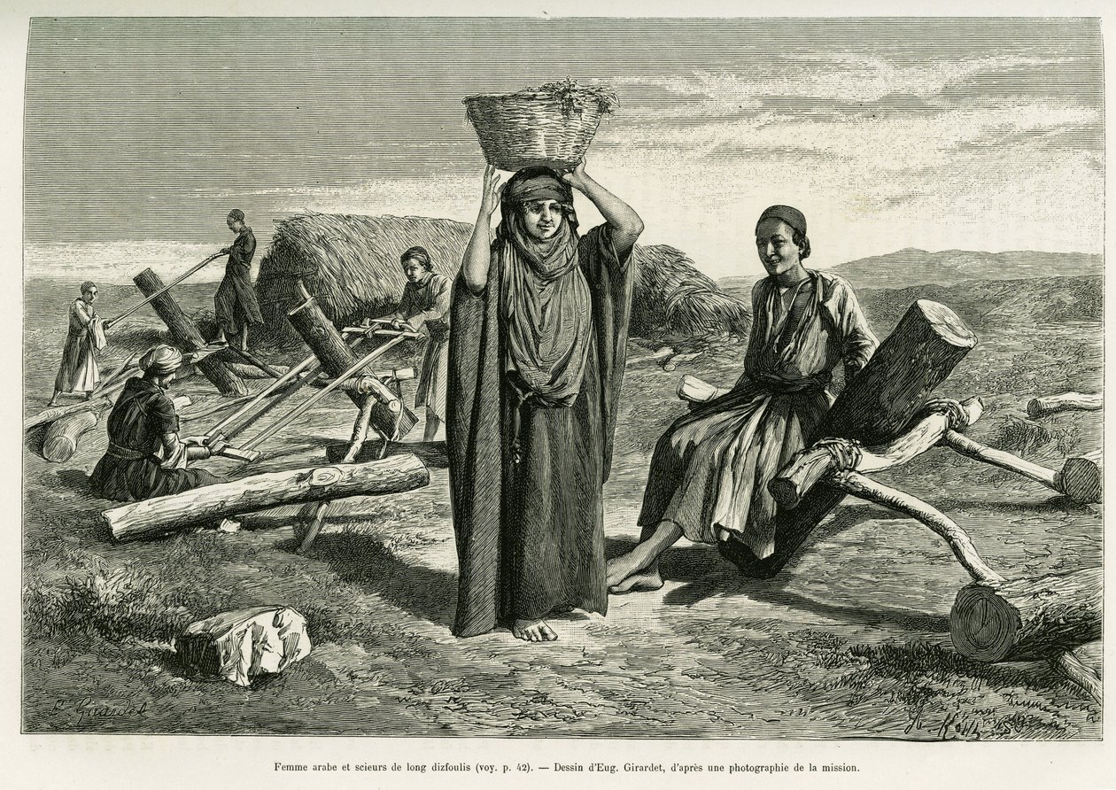 Mujer árabe y aserradores de largos diez foulis. Grabado por Eugène Girardet, para ilustrar la historia A Suse de Eugene Alexis Girardet