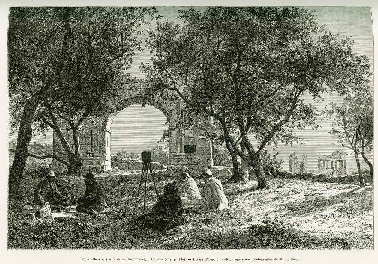Bab-er-Roumia (Bab er Roumia), puerta de la mujer cristiana, ruinas romanas en Dougga, picnic de viajeros y sus guías, alrededor de una cámara. Grabado por Eugène Girardet, para ilustrar la historia Viaje en Túnez, por R. Cagnat y H. Saladin, encargados de de Eugene Alexis Girardet