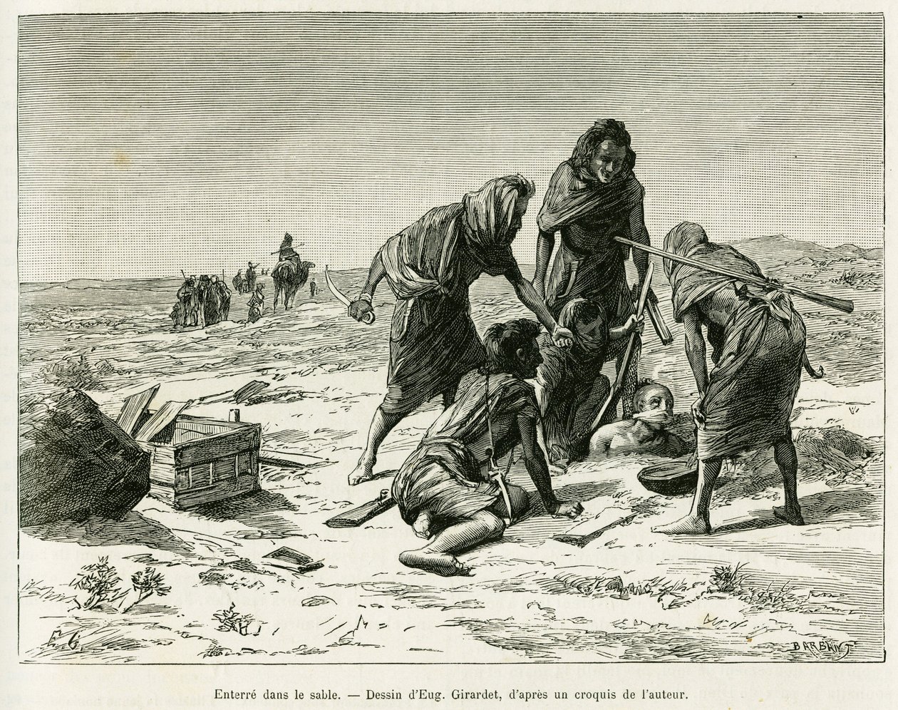 Enterrado en la arena. Grabado de Eugene Girardet, para ilustrar la historia Cinco meses entre los moros nómadas del Sahara occidental, en 1887, de Camille Douls, en Le Tour du Monde 1888, bajo la dirección de Edouard Charton (1807-1890), Hachette, París. de Eugene Alexis Girardet