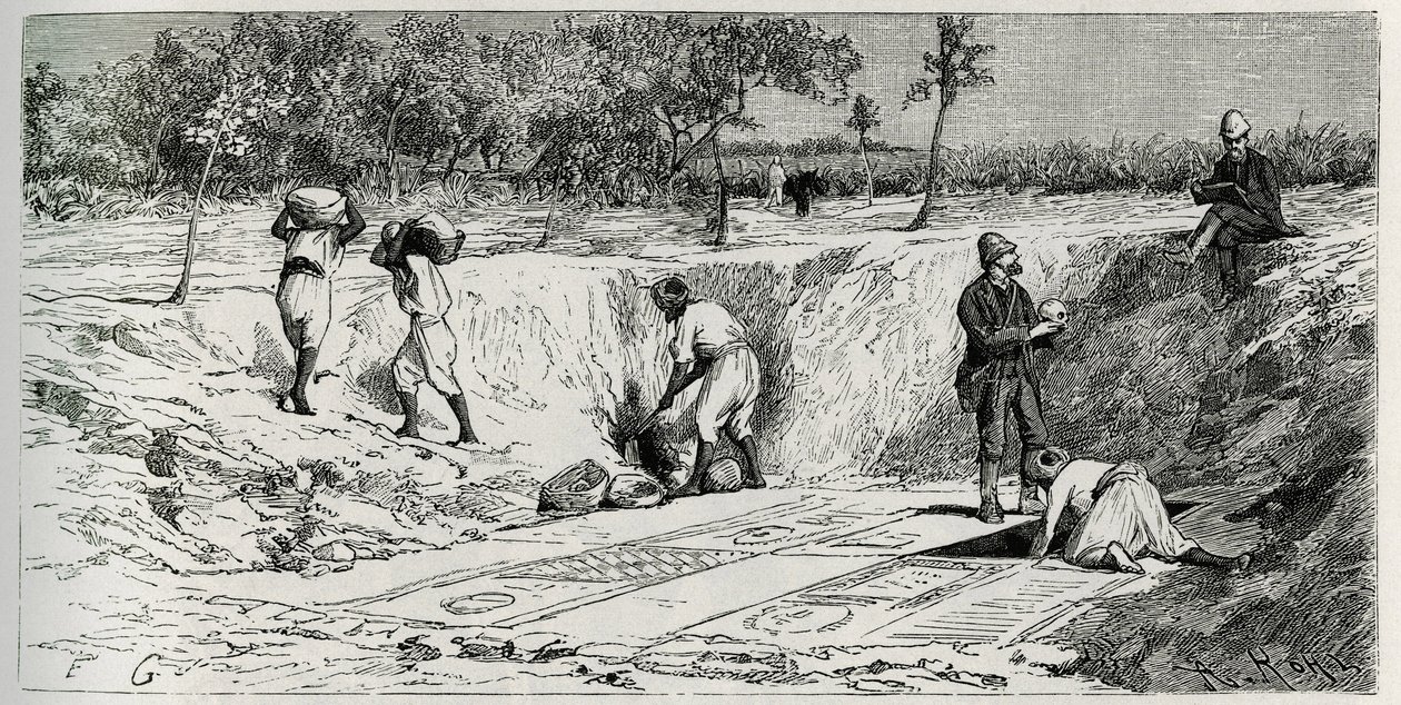 Excavaciones en el cementerio cristiano de Lamta, con ambos encargados de la misión. Grabado de Eug. Girardet, para ilustrar la historia 