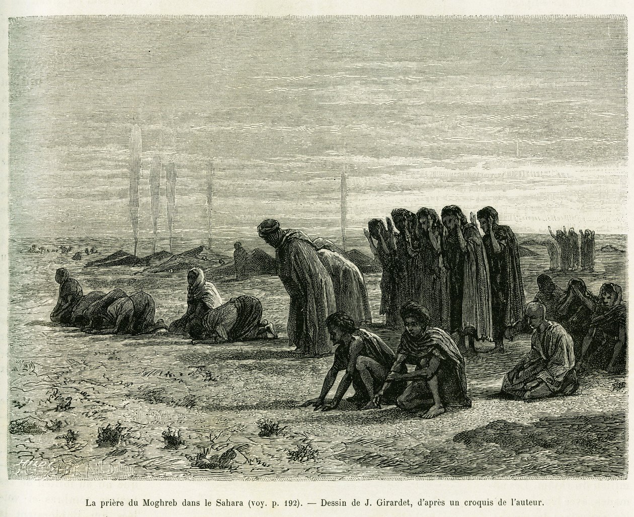 La oración del Moghreb en el Sahara. Ilustración de la historia Cinq mois chez les moures nomades du Sahara occidental, en 1887, por Camille Douls, en Le tour du monde 1888, bajo la dirección de Edouard Charton (1807-1890), Hachette, París de Eugene Alexis Girardet