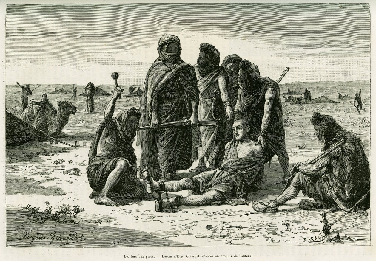 Los hierros en los pies. Grabado de Eugene Girardet, para ilustrar la historia Cinco meses entre los moros nómadas del Sahara occidental, en 1887, de Camille Douls, en Le Tour du Monde 1888, bajo la dirección de Edouard Charton (1807-1890), Hachette, París de Eugene Alexis Girardet