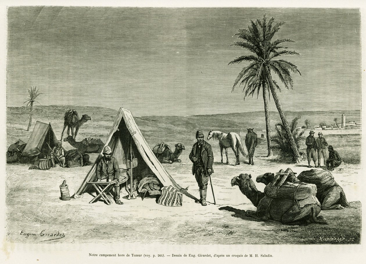 Campamento de viajeros en las cercanías de Tozeur. Grabado de Eugene Girardet para ilustrar la historia Viaje en Túnez, por R. Cagnat y H. Saladin, en Le Tour du monde 1886, dirigido por Edouard Charton (1807-1890), Hachette, París. de Eugene Alexis Girardet