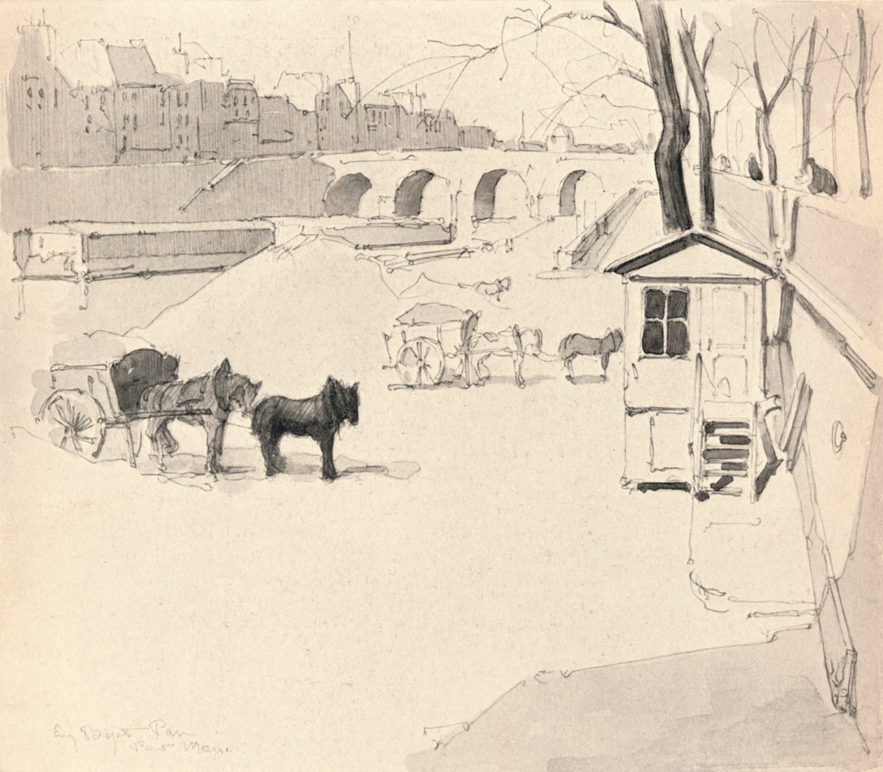 El Pont Marie - Caballos y carros, 1915 de Eugene Bejot