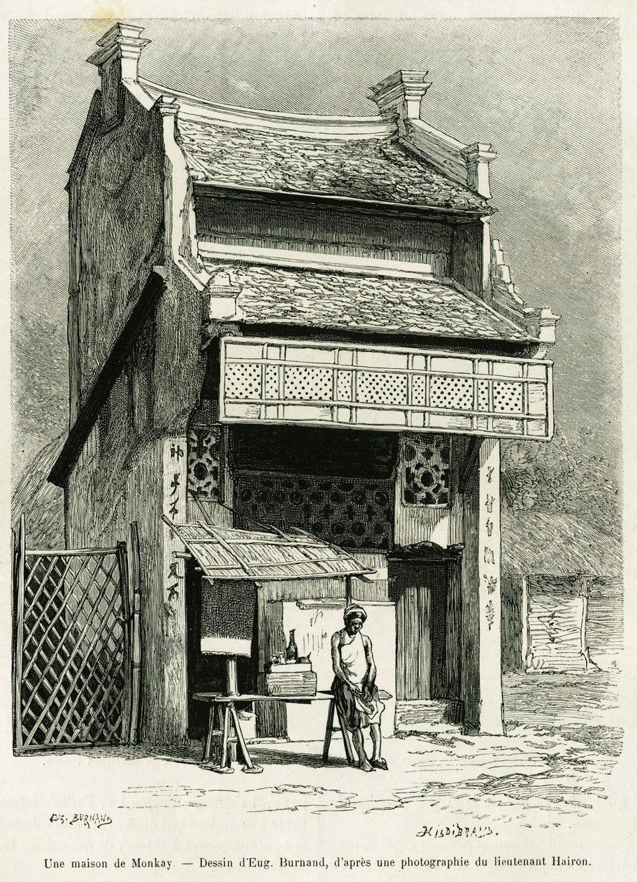 Una casa de monos. Grabado por Eugene Burnand, para ilustrar la historia Sur les frontières du Tonkin, por el Doctor P.Neiss, en le tour du monde 1888, dirigido por Edouard Charton (1807-1890), Hachette, París. de Eugene Burnand