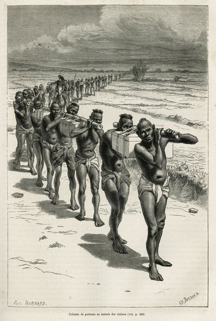 Columna de porteadores a través de los campos de arroz, entre Bassac y Hue, grabado a partir de un dibujo de Eugene Burnand, para ilustrar la historia sobre Laos y las poblaciones salvajes de Indochina, por el Dr. Harmand, en 1877, publicado en el tour du  de Eugene Burnand