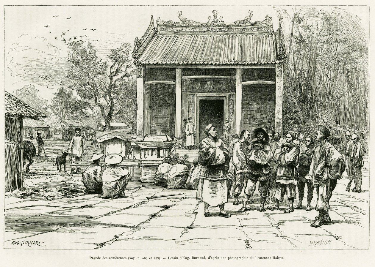 Pagoda de conferencias, Monkay. Grabado por Eugene Burnand, para ilustrar la historia Sur les frontières du Tonkin, por el Doctor P.Neiss, en le tour du monde 1888, dirigido por Edouard Charton (1807-1890), Hachette, París. de Eugene Burnand