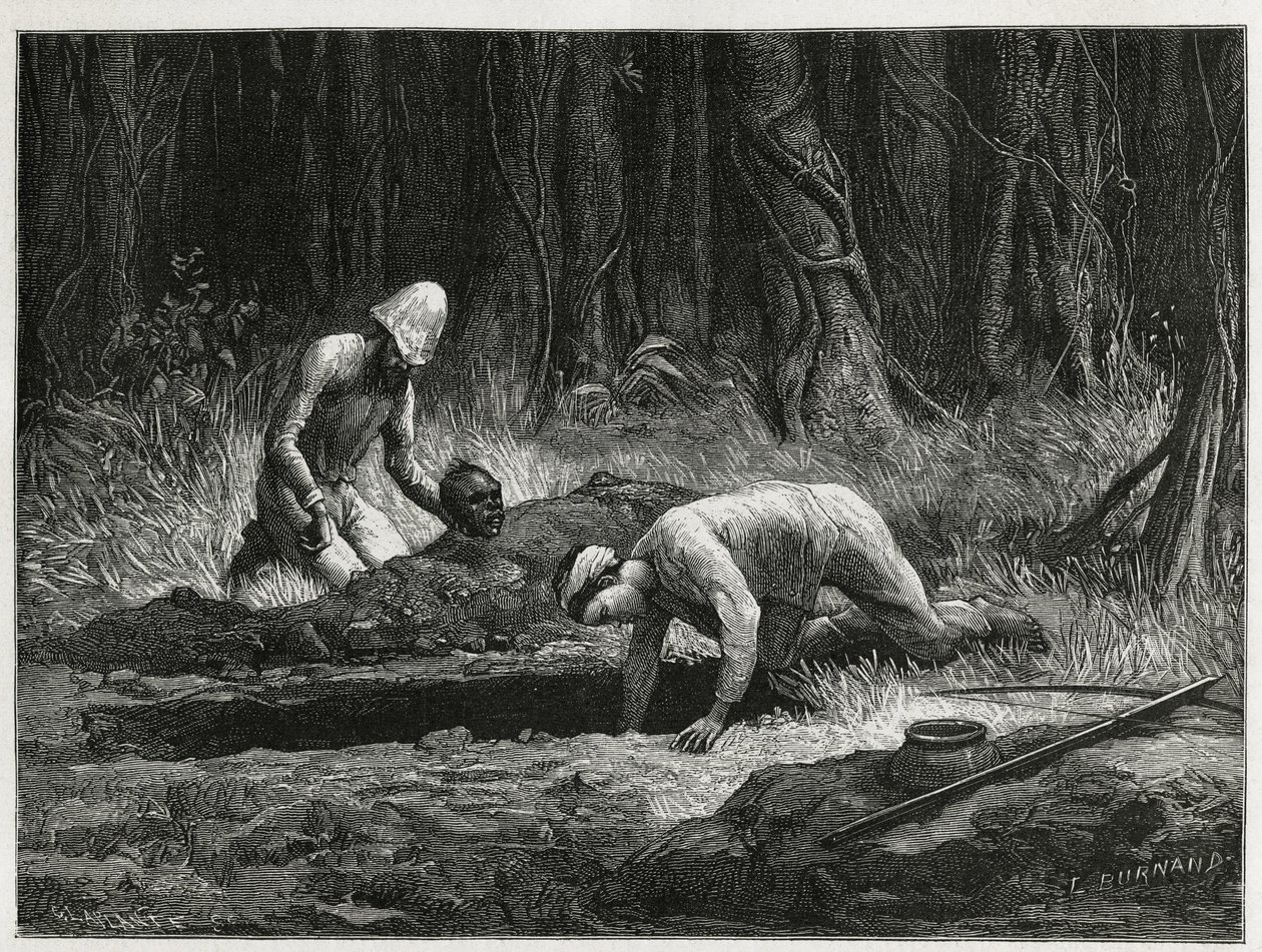 El Dr. Harmand y su ayudante anamita, realizando exhumaciones clandestinas de entierros Khas, en Attopeu (Laos), grabado por Eugene Burnand, para ilustrar la historia de Laos y las poblaciones salvajes de Indochina por el Dr. Harmand, en 1877, publicado en de Eugene Burnand