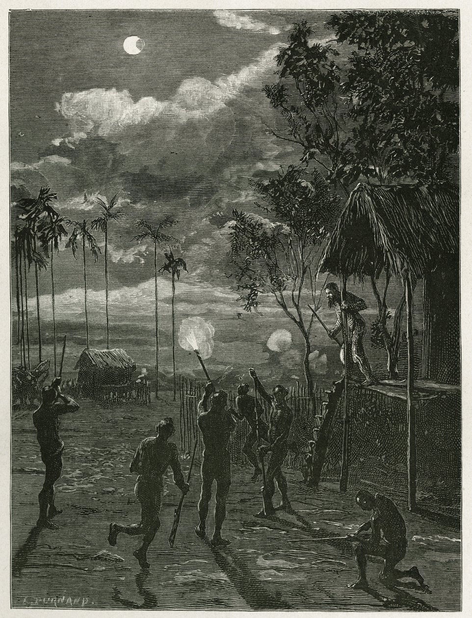 El Dr. Harmand despierta en medio de la noche por el ruido de los rifles de los indígenas Khas, disparando a la luna sometida a un eclipse, en Attopeu (Laos), grabado por Eugene Burnand, para ilustrar la historia de Laos y las poblaciones salvajes de Indoc de Eugene Burnand