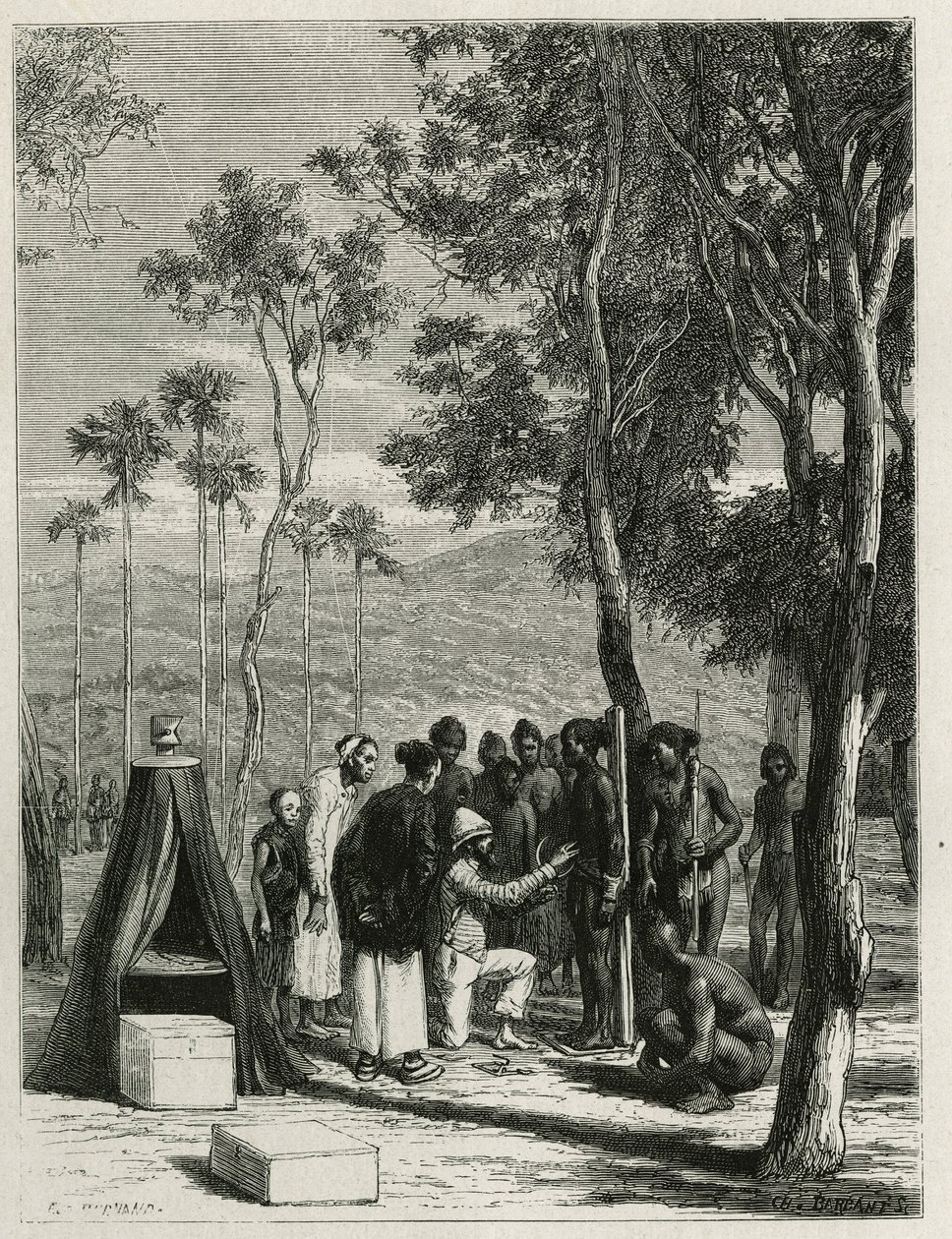 El Dr. Harmand realiza mediciones antropológicas en los indígenas Khas, en Attopeu (Laos), grabado por Eugene Burnand, para ilustrar la historia de Laos y las poblaciones salvajes de Indochina por el Dr. Harmand, en 1877, publicado en el tour du monde, baj de Eugene Burnand