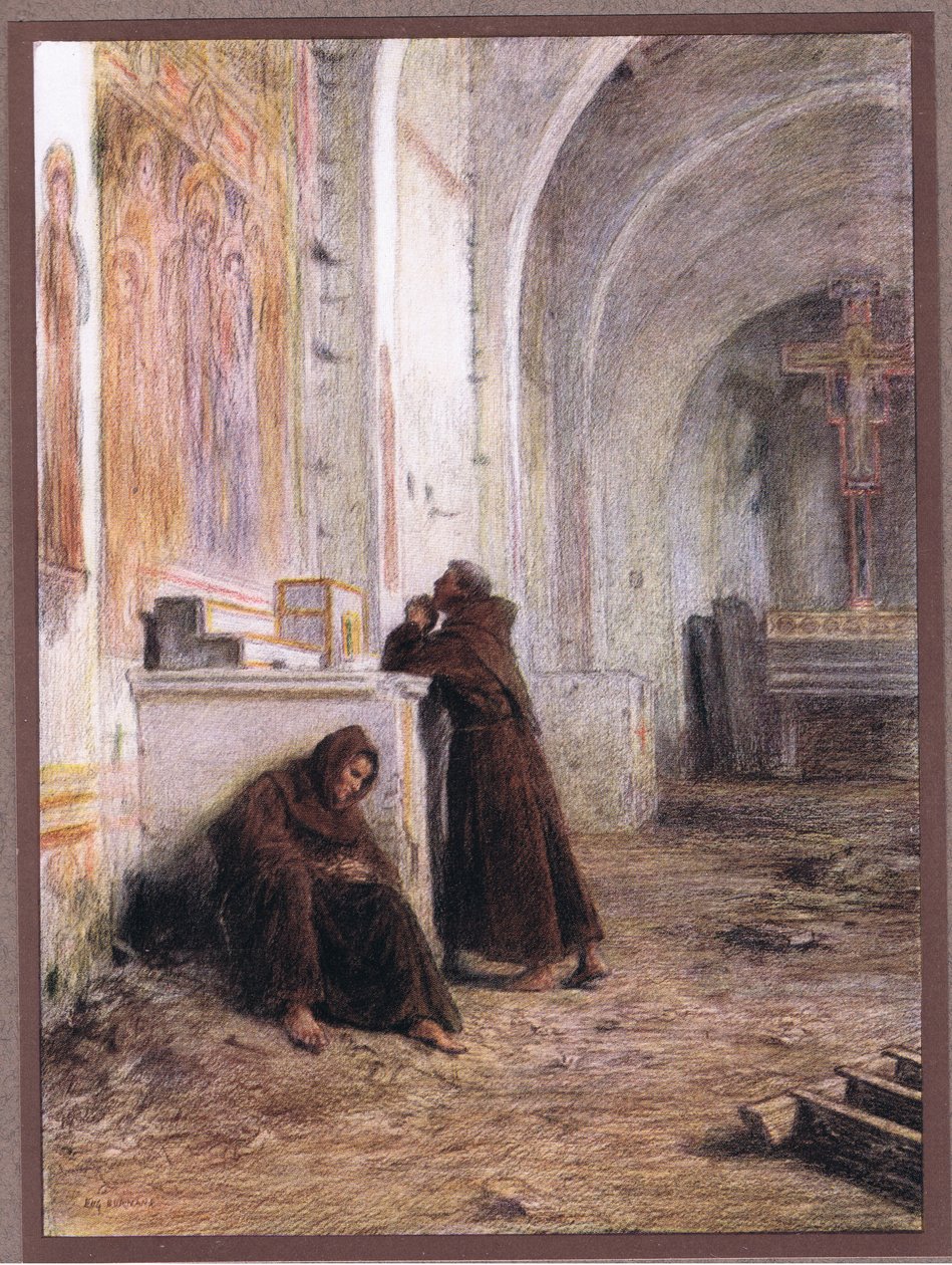 Fraile Giles y su compañero desfallecidos de hambre en una iglesia abandonada, 1919 de Eugene Burnand