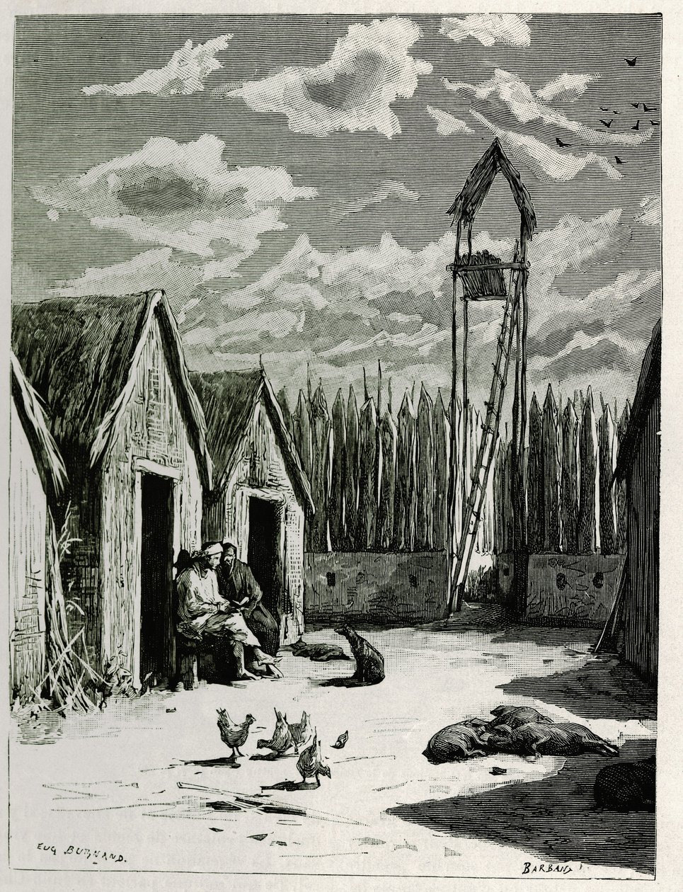 Plaza Misionera en Meuong Ngan. Grabado por Eugene Burnand, para ilustrar la historia "Viaje en el Alto Laos", en 1880, por el Dr. P.Neis. Publicado en Le Tour du monde, nuevo diario de viajes, 2º semestre 1885, editado por Edouard Charton (1807-1890) de Eugene Burnand