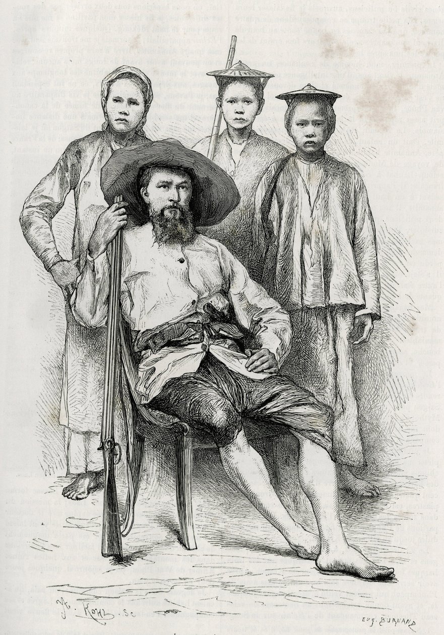Retrato del autor, rodeado de sus compañeros de viaje. Grabado por Eugene Burnand, para ilustrar la historia "Viaje en el Alto Laos", en 1880, por el Dr. P.Neis. Publicado en Le Tour du monde, nuevo diario de viajes, 2º semestre 1885, editado por Edouard C de Eugene Burnand