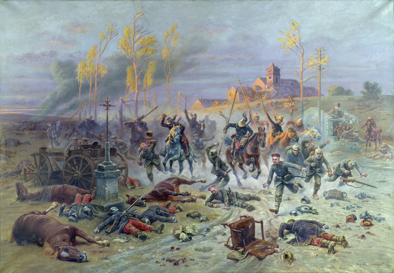 La carga de los soldados franceses en la Batalla del Marne, 8 o 9 de septiembre de 1914, 1915 de Eugene Chaperon