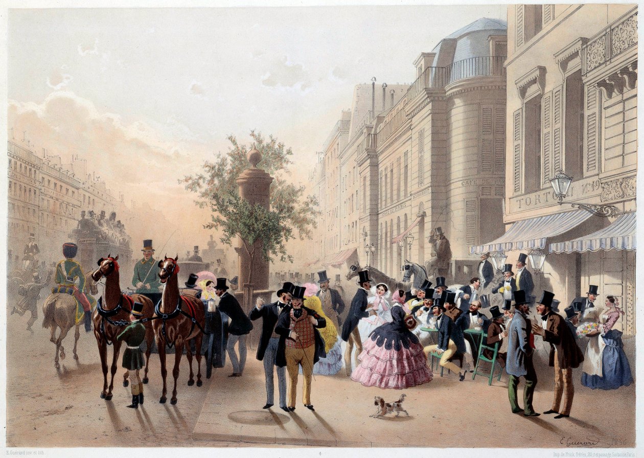 Boulevard des Italians, Café Tortoni en París en el siglo XIX. Grabado por Eugene Guerard de Eugene Charles Francois Guerard