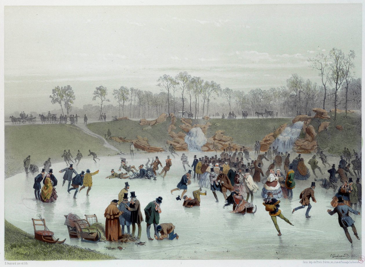 Los patinadores en el bosque de Boulogne, litografía de Eugene Guerard de Eugene Charles Francois Guerard