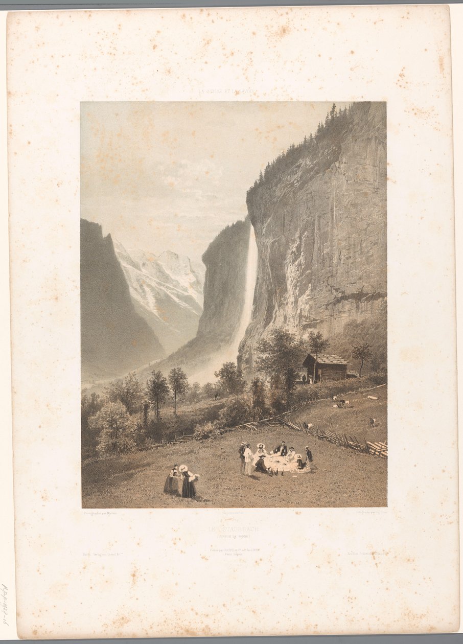 Picnic con vistas a la cascada de Staubbach Le Staubbach (título sobre objeto) La Suisse et la Savoie (título de la serie) Rostros en Suiza y Saboya (título de la serie sobre el objeto) de Eugene Ciceri