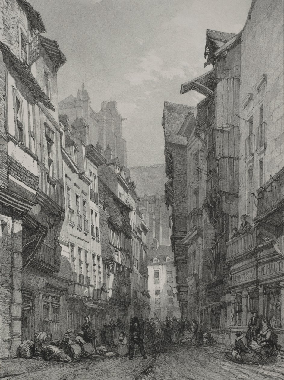 Viajes pintorescos y románticos en la antigua Francia. Bretaña: Gran calle vieja en Nantes de Eugene Ciceri
