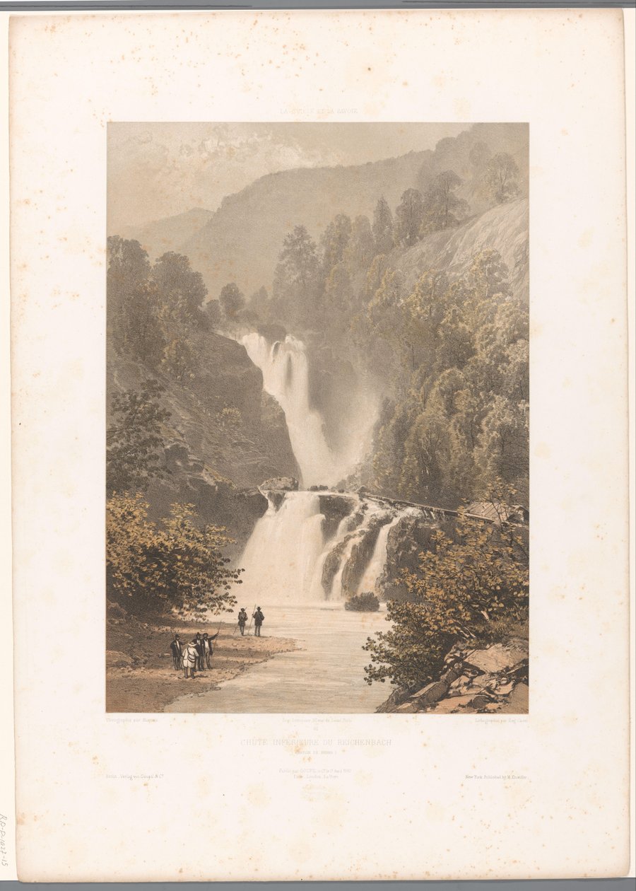 Excursionistas con vistas a la cascada de Reichenbach Chateau inferior du Reichenbach (título sobre objeto) Rostros en Suiza y Saboya (título de la serie) La Suisse et la Savoie (título de la serie sobre el objeto) de Eugene Ciceri
