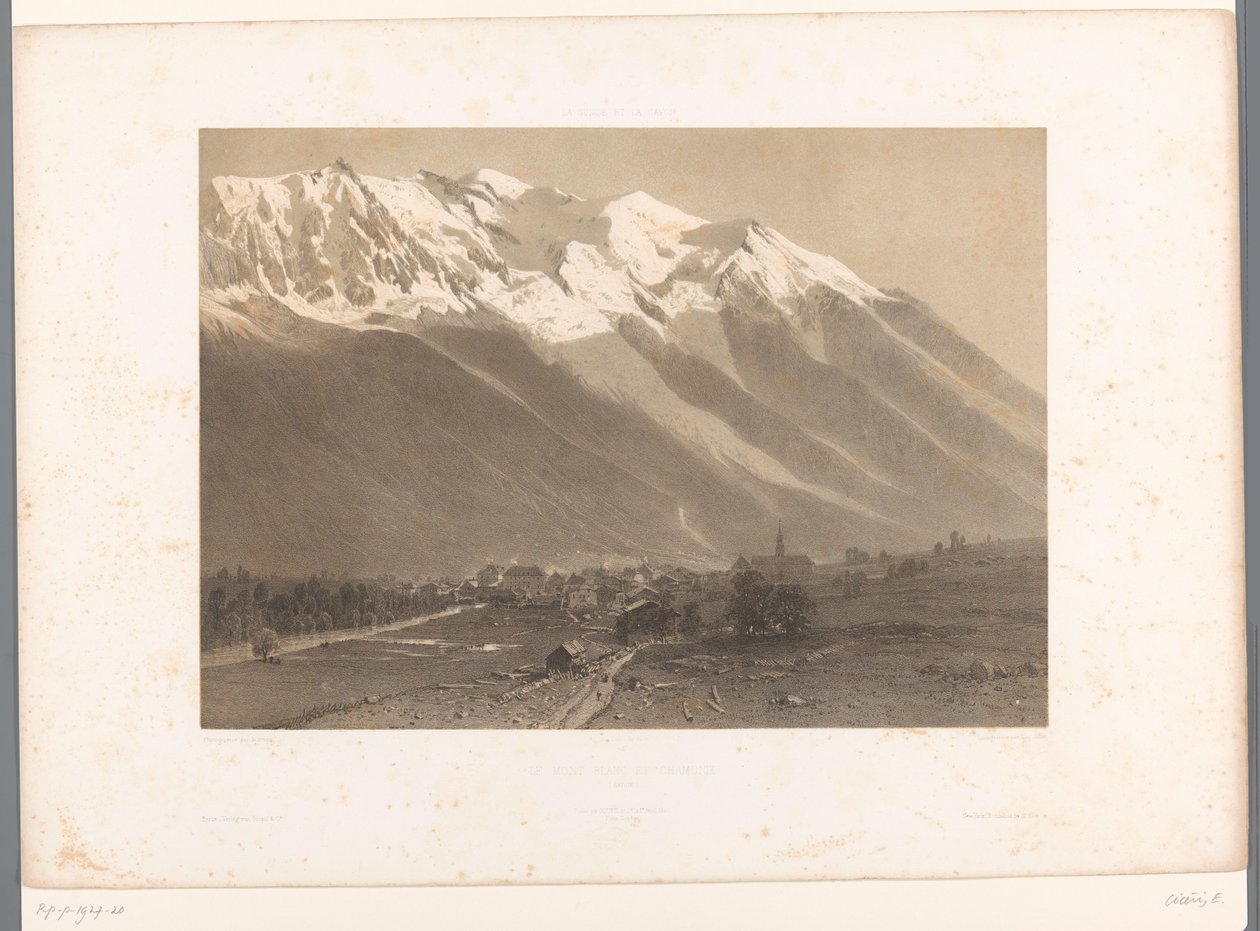 Vista de Chamonix al pie del Mont Blanc Le Mont Blanc et Chamonix (título sobre objeto) La Suisse et la Savoie (título de la serie) Rostros en Suiza y Saboya (título de la serie sobre el objeto) de Eugene Ciceri