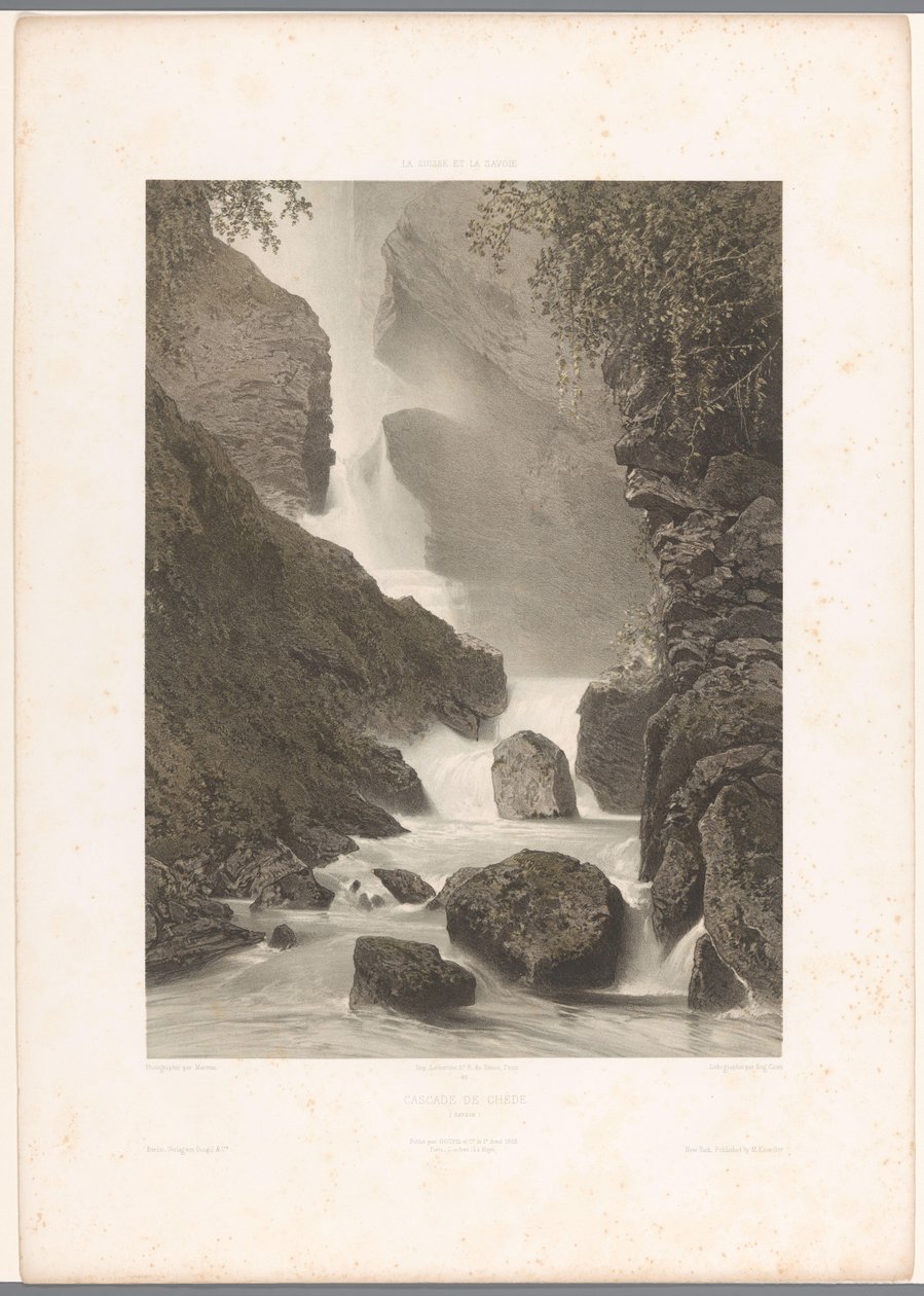 Vista de la cascada de Chède Cascade de Chède (título sobre objeto) La Suisse et la Savoie (título de la serie) Rostros en Suiza y Saboya (título de la serie sobre el objeto) de Eugene Ciceri
