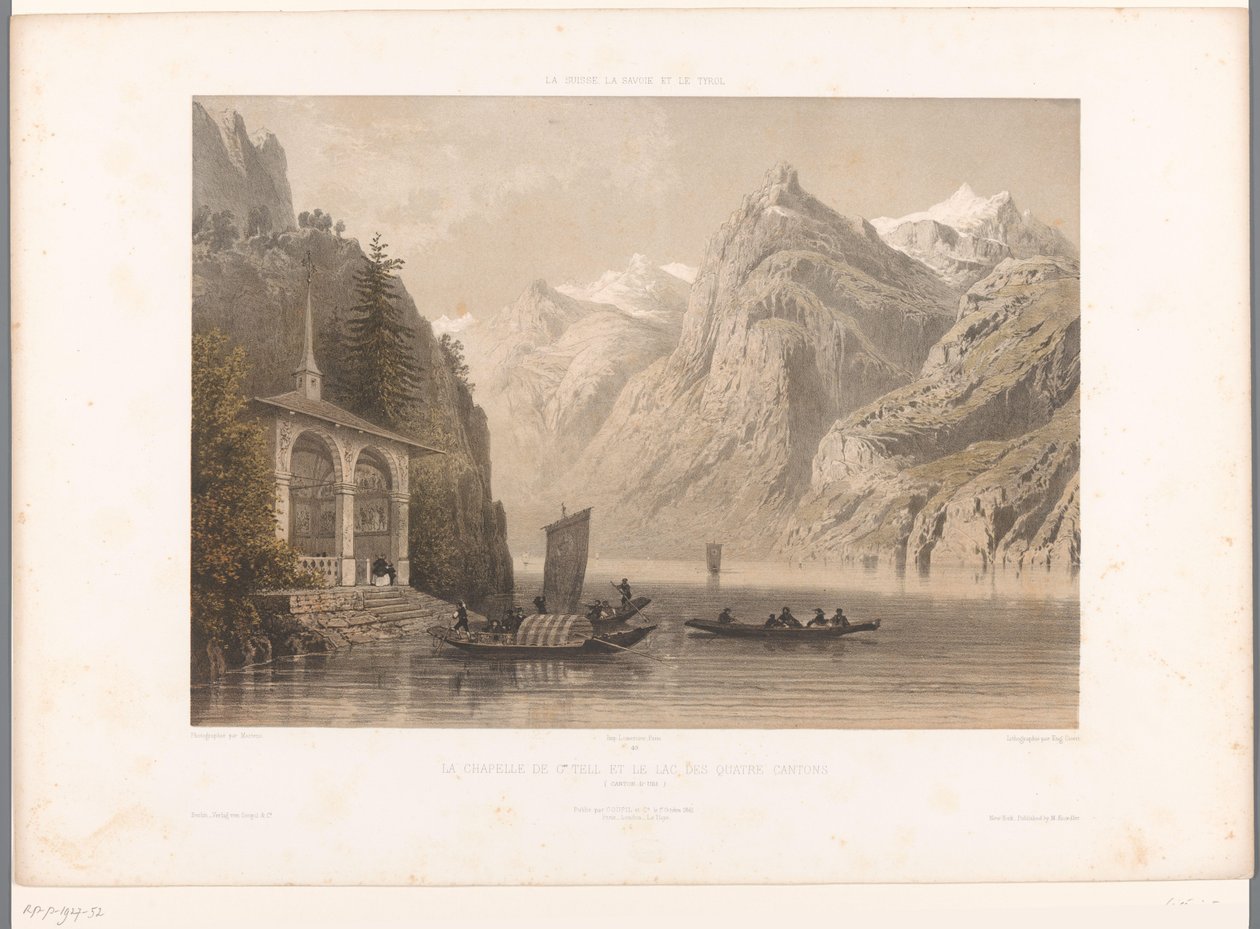Vista de la capilla Tells en el lago de Lucerna La Chapelle de G.me Tell et le lac des Quatre-Cantons (título sobre el objeto) Rostros en Suiza, Saboya y Tirol (título de la serie) La Suisse, la Savoie et le Tyrol (título de la serie sobre el objeto) de Eugene Ciceri
