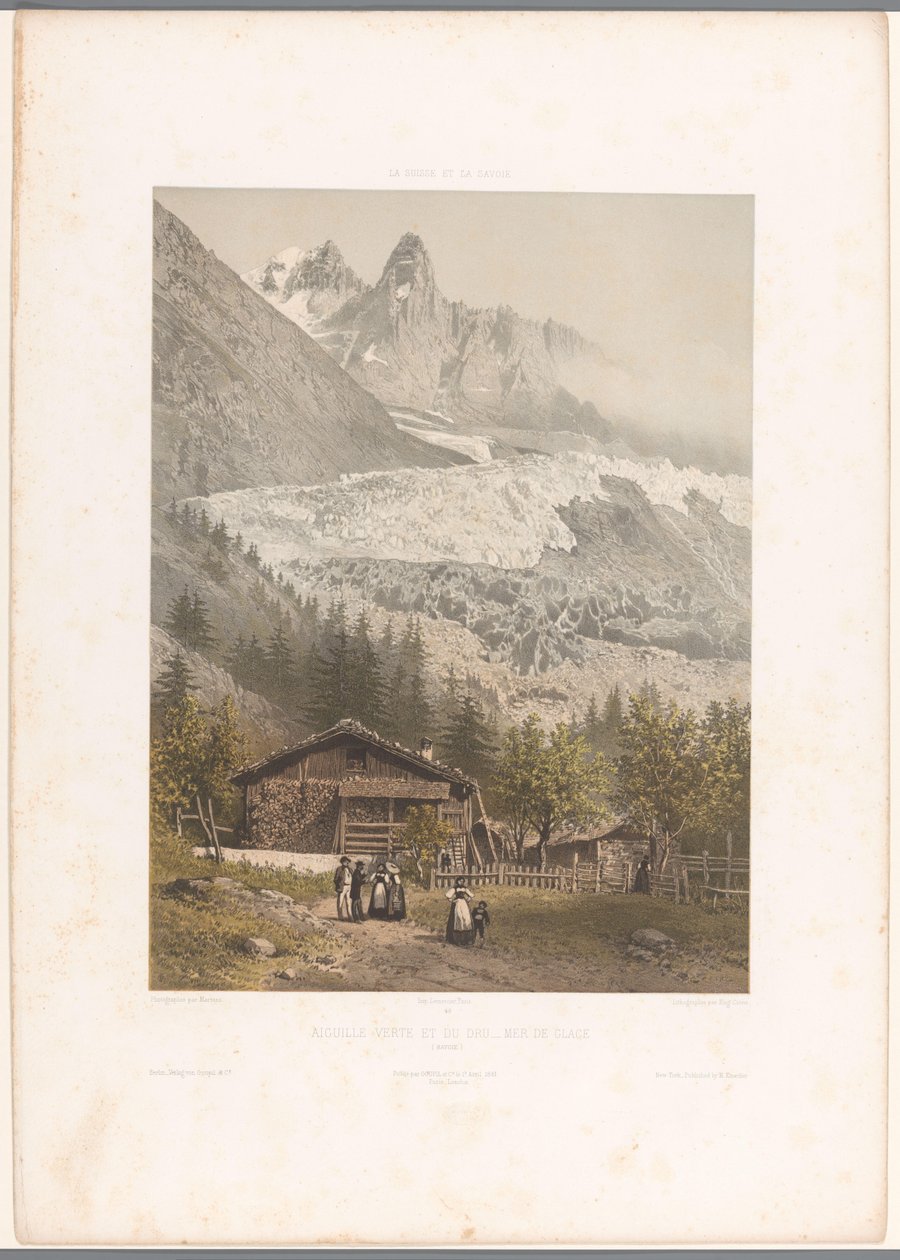 Vista de los picos de montaña Aiguille Verte y Dru y el glaciar Mer-de-Glace Aiguille verte et du Dru - Mer de Glace (título sobre el objeto) Rostros en Suiza y Saboya (título de la serie) La Suisse et la Savoie (título de la serie sobre el objeto) de Eugene Ciceri