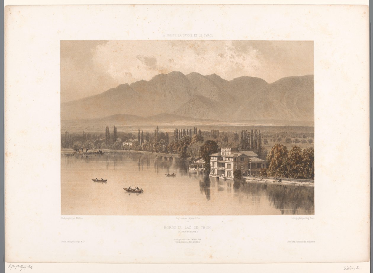 Vista de las orillas del lago Thun Bords du Lac de Thun (título sobre objeto) Rostros en Suiza, Saboya y Tirol (título de la serie) La Suisse, la Savoie et le Tyrol (título de la serie sobre el objeto) de Eugene Ciceri