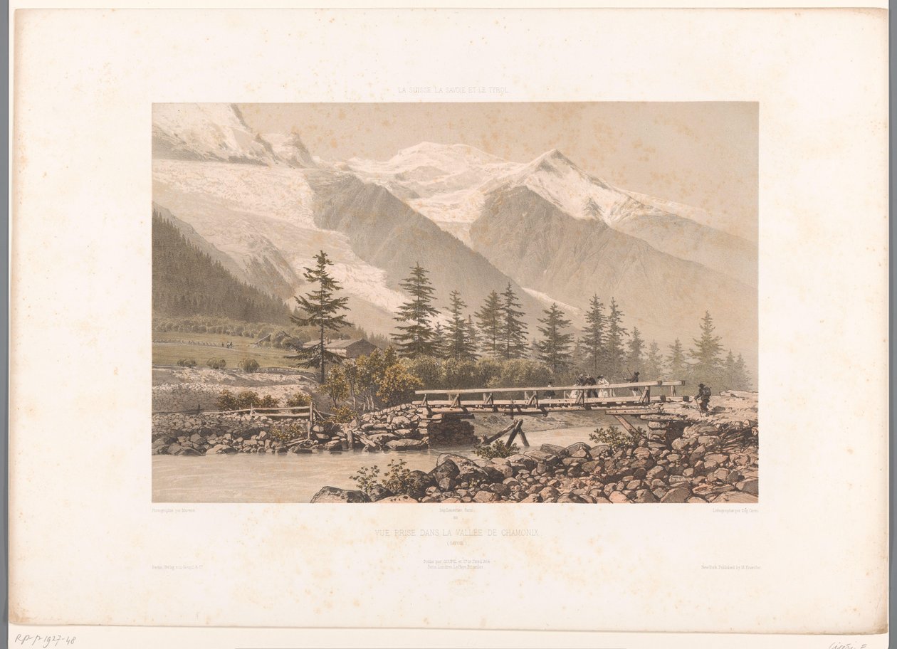 Vista del valle de Chamonix con el río Arve. Vue prise dans la Vallée de Chamonix (título sobre objeto) Rostros en Suiza, Saboya y Tirol (título de la serie) La Suisse, la Savoie et le Tyrol (título de la serie sobre el objeto) de Eugene Ciceri