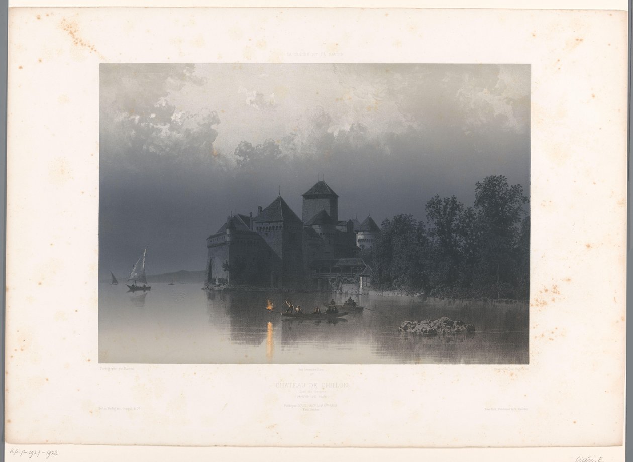 Vista del castillo de Chillon en el lago de Ginebra Château de Chillon (título sobre el objeto) Rostros en Suiza y Saboya (título de la serie) La Suisse et la Savoie (título de la serie sobre el objeto) de Eugene Ciceri