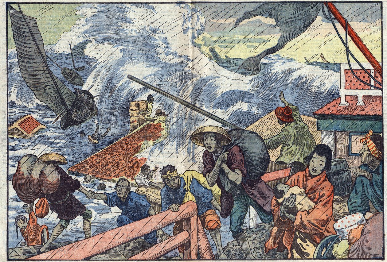 Un maremoto y un tifón golpean Japón. Ilustración de Damblans. En “Le Pelerin” del 2 de octubre de Eugene Damblans