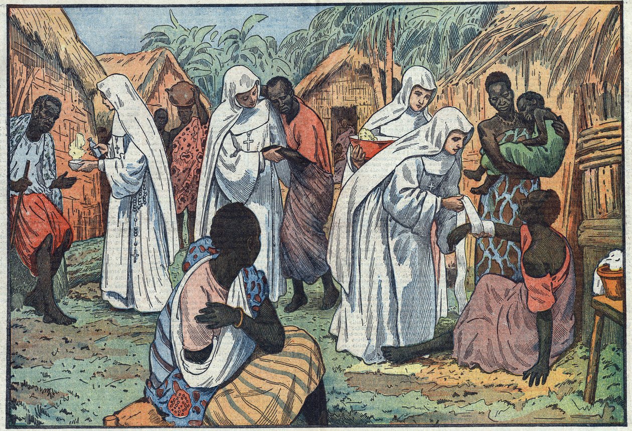 Sobre la inauguración, en el Palacio de Letrán, en Roma, de los Museos de las Hermanas Blancas en un pueblo de África Ecuatorial donde catequizan y cuidan a los enfermos. Ilustración de Damblans. En "Le Pelerin" del 29 de enero de Eugene Damblans