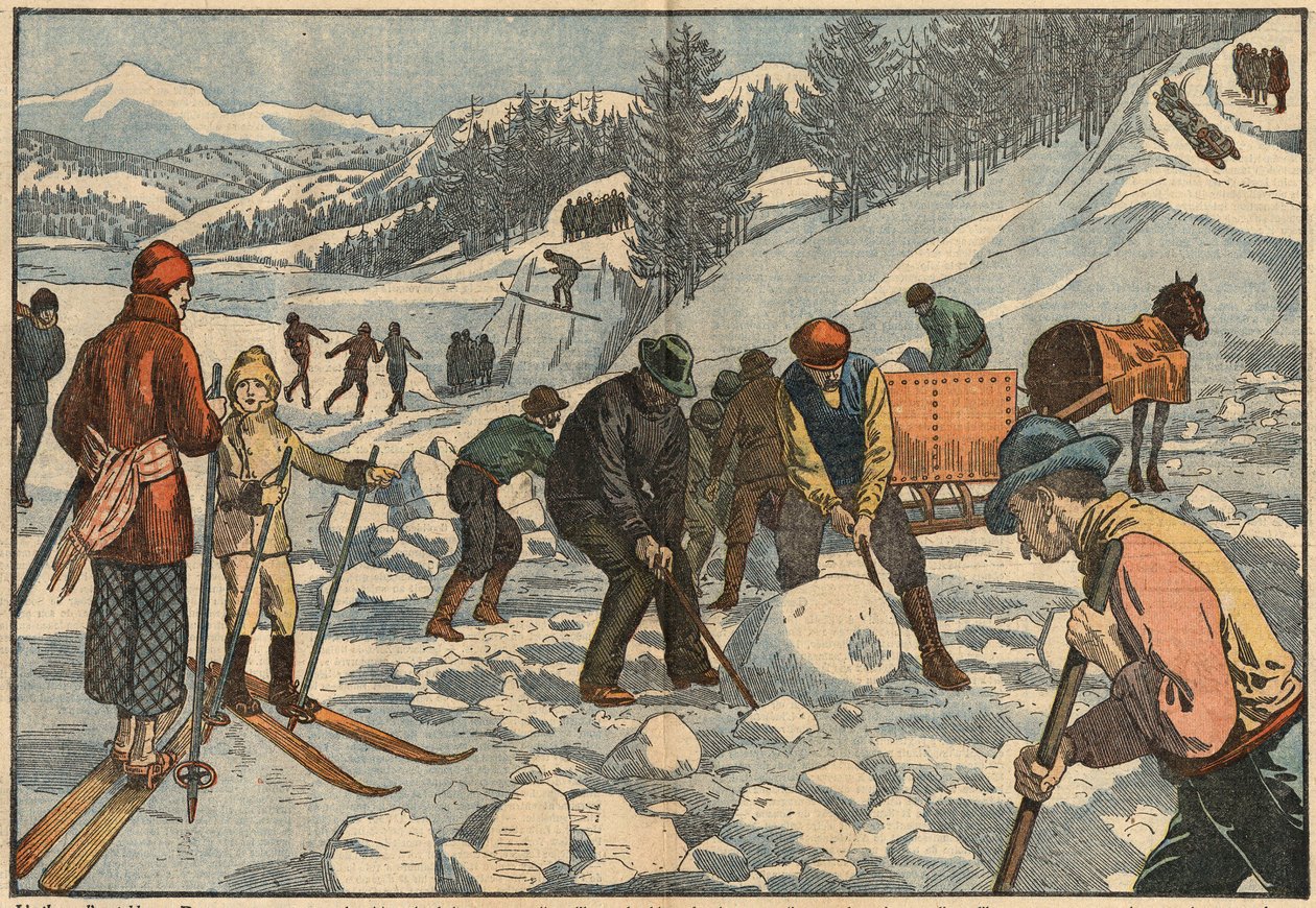 Habitantes alpinos recolectan bloques de hielo en invierno para el verano. Al fondo, hombres practican deportes de invierno. Ilustración de Damblans. En “Le Pelerin” del 18 de diciembre de Eugene Damblans