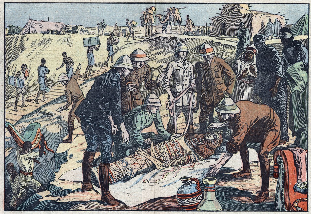 Una misión inglesa, encargada por el conde Byron de Prorok (1896-1954), arqueólogo, descubrió la tumba de Tin-Hahan en el Hoggar. Ilustración de Damblans. En "Le Pelerin" del 20 de diciembre de 1925. de Eugene Damblans