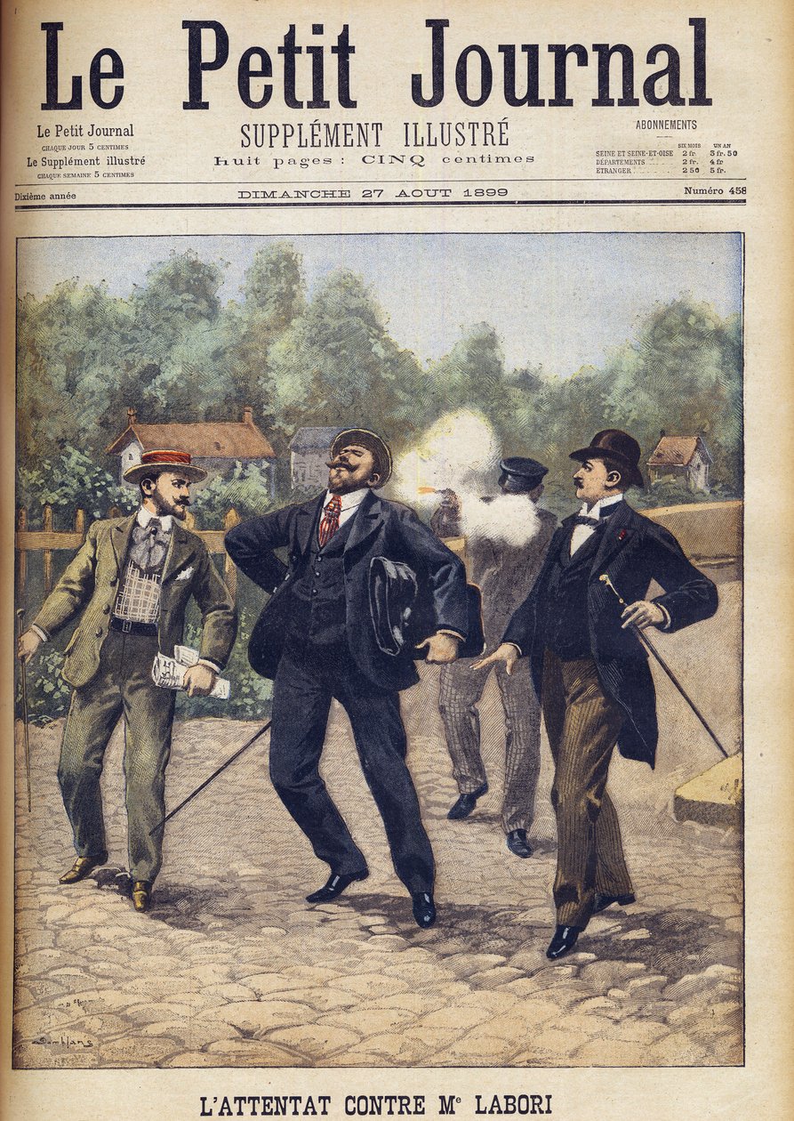 Intento de asesinato de Fernand Labori, uno de los abogados que defendió a Alfred Dreyfus en su segundo consejo de guerra en Rennes "Le Petit Journal”, agosto de 1899. de Eugene Damblans