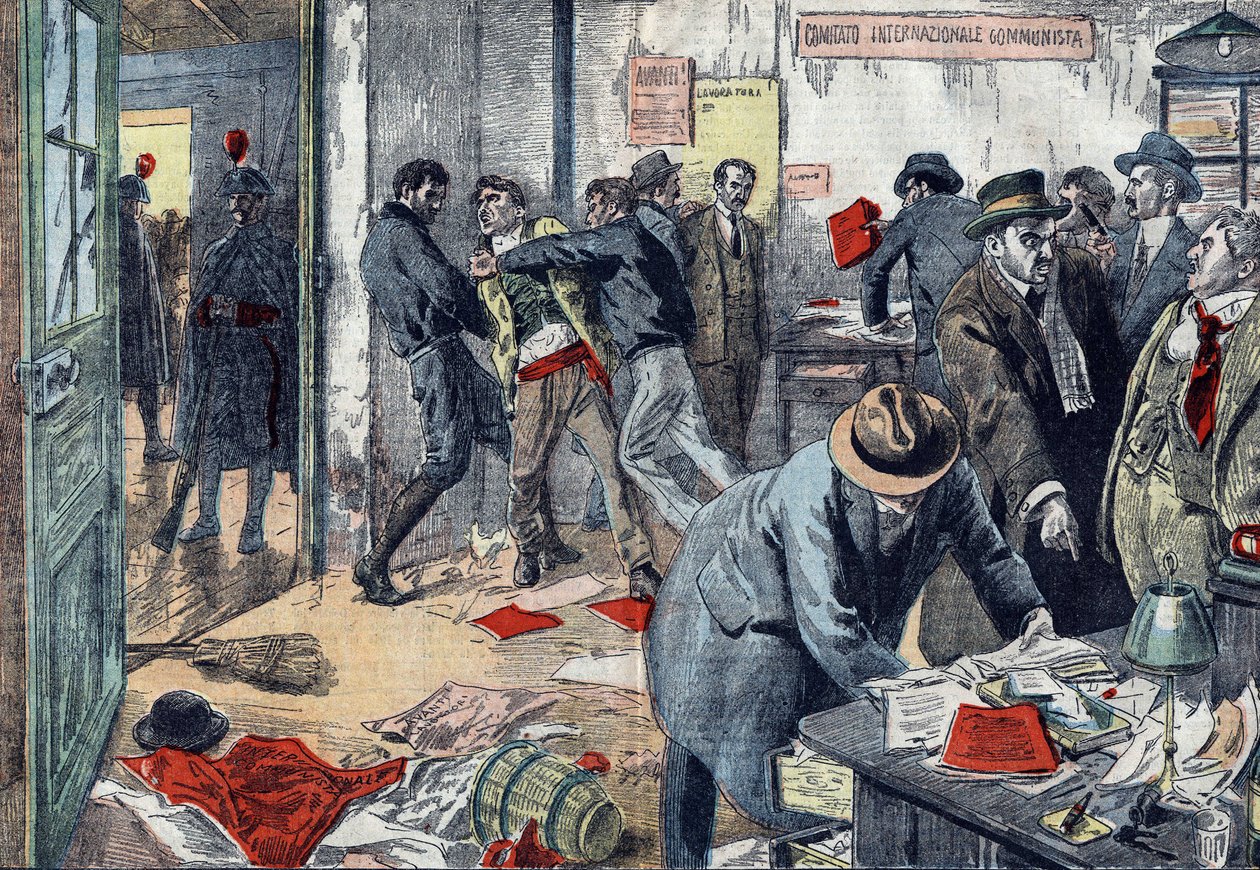 Benito Mussolini realizó arrestos masivos de comunistas en Trieste, Italia en febrero de 1923; búsqueda en las oficinas del periódico “Lavoratore”. Dibujo de Damblans en “Le Pèlerin” de 1923 de Eugene Damblans