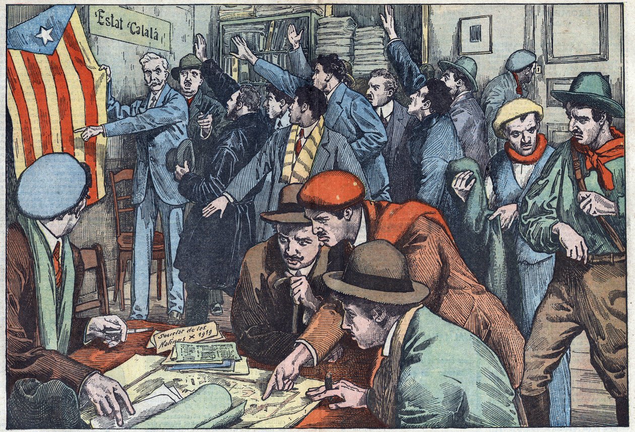 Los separatistas catalanes preparan su complot en París. Ilustración de Damblans. En "Le Pelerin" del 28 de noviembre de Eugene Damblans