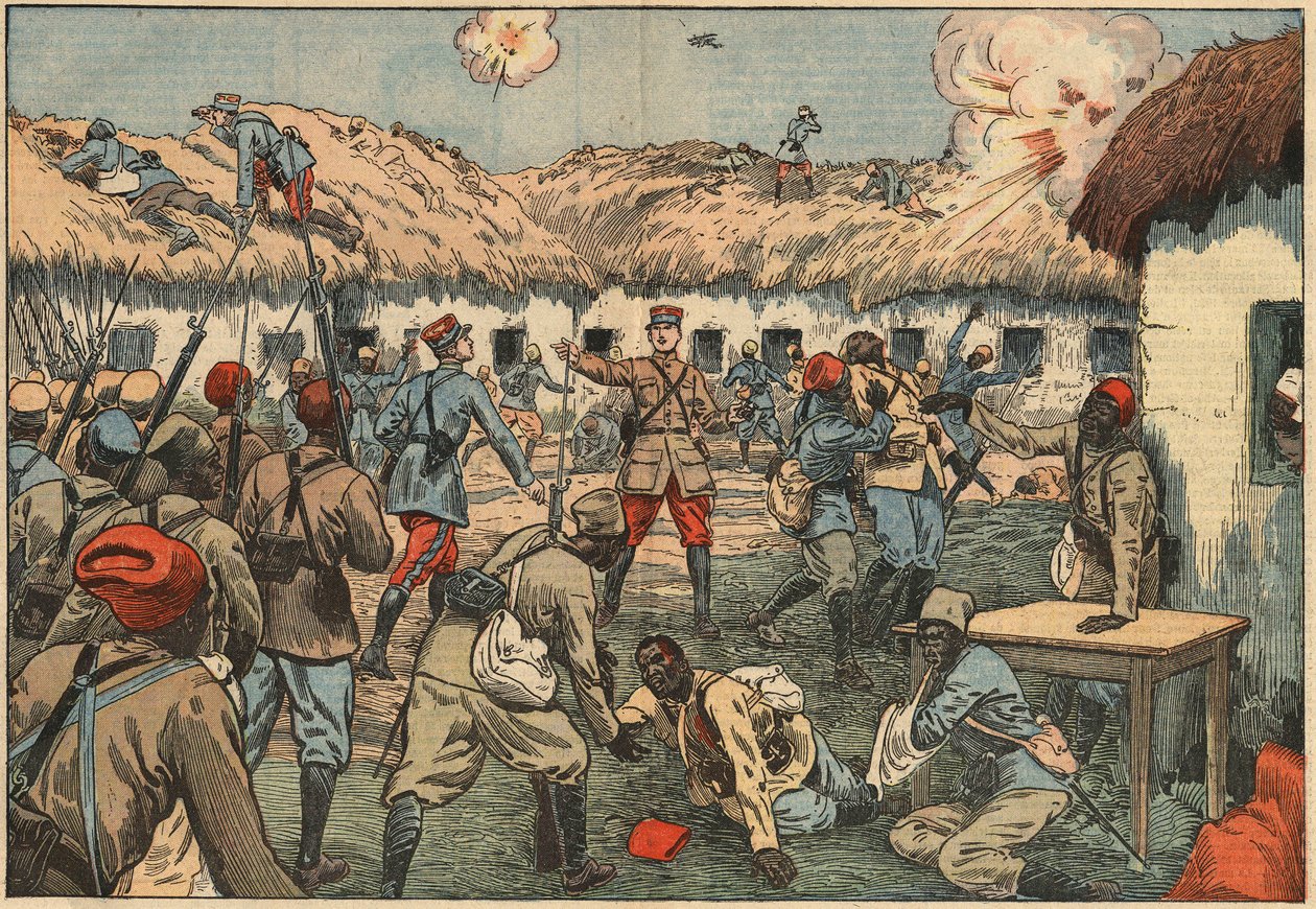 Tropas coloniales desbloquearon el puesto de Aoulay (Aoulai) en Marruecos bajo el mando del Capitán Duboin. Ilustración de Damblans. En "Le Pelerin" del 7 de junio de Eugene Damblans