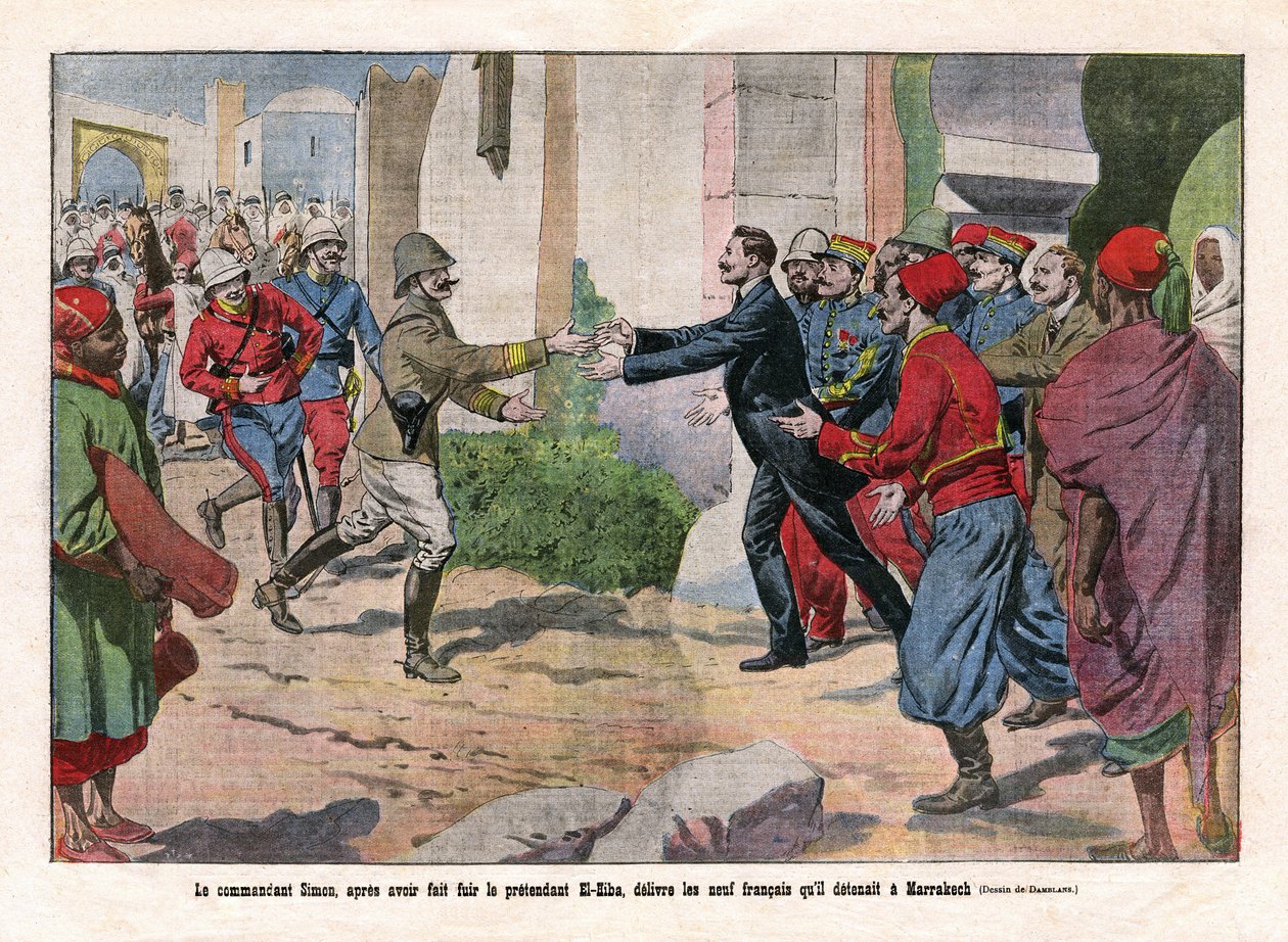 Eventos de Marruecos, tomados de Marrakech por las tropas de Hubert (Louis-Hubert-Gonzalve) Lyautey (1854-1934) y Charles Mangin (1866-1925). El comandante Simon, después de haber huido del pretendiente El-Hiba (Ahmed al-Hiba), liberó a los nueve de Eugene Damblans