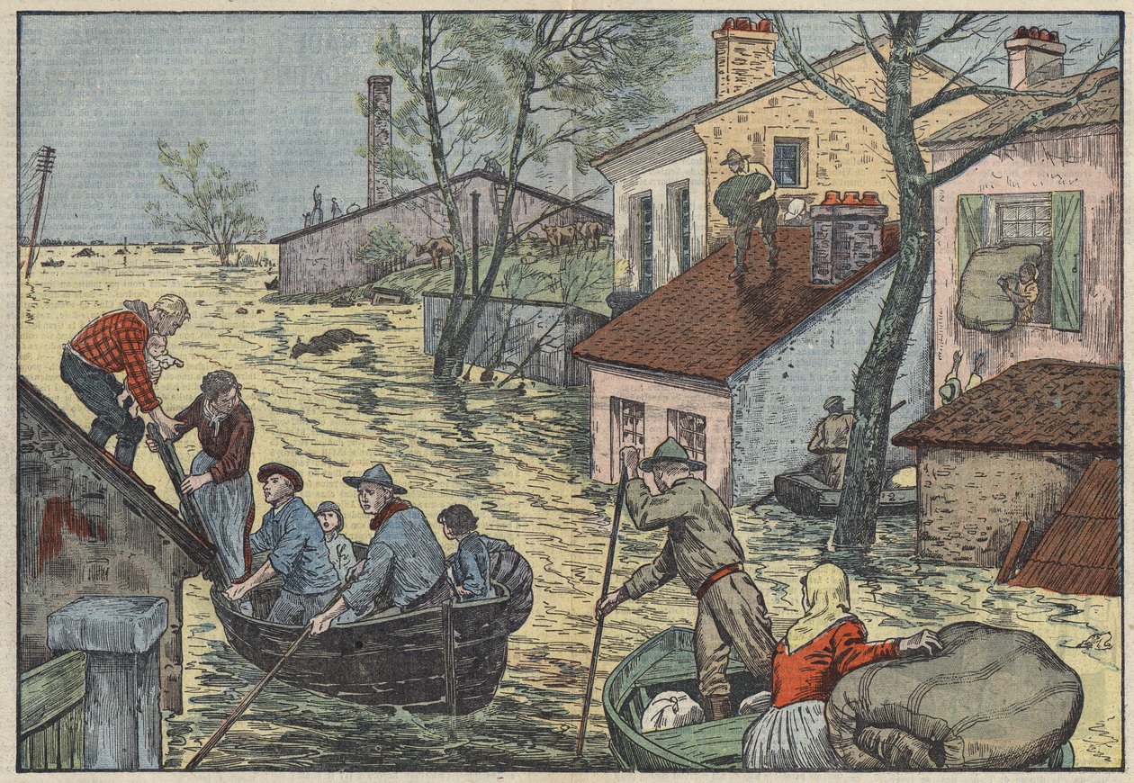 Inundaciones en Luisiana (EE.UU.): Ante las olas amenazantes del Misisipi, los agricultores y tramperos se ven obligados a abandonar sus hogares y campos. Ilustración de Damblans. En “Le Pèlerin” del 15 de mayo de Eugene Damblans