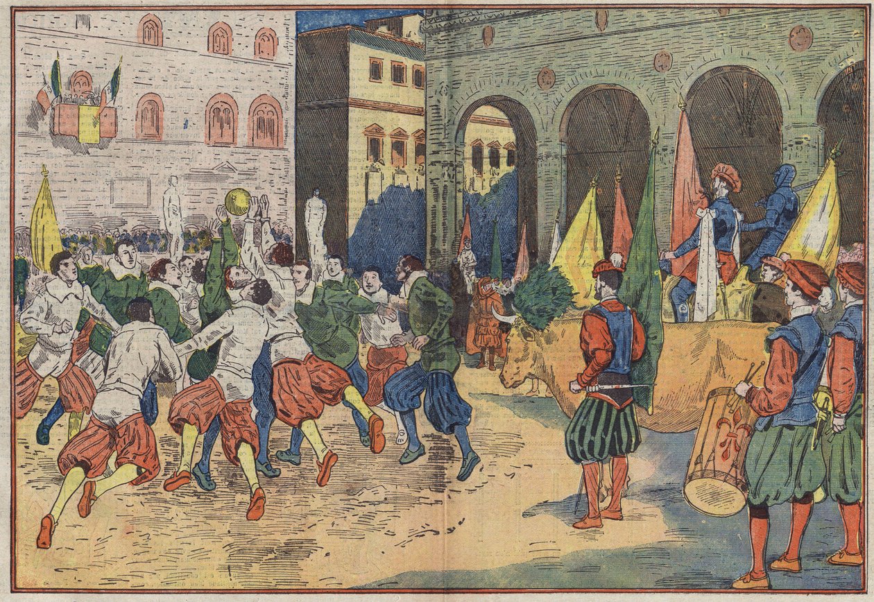 Florencia, Italia: en la Plaza de la Señoría, se reconstituyó una parte del "calcio", fútbol del siglo XV, con un traje de época. Un buey fue ofrecido al equipo ganador. Ilustración de Damblans. En "Le Pelerin" del 8 de junio de Eugene Damblans