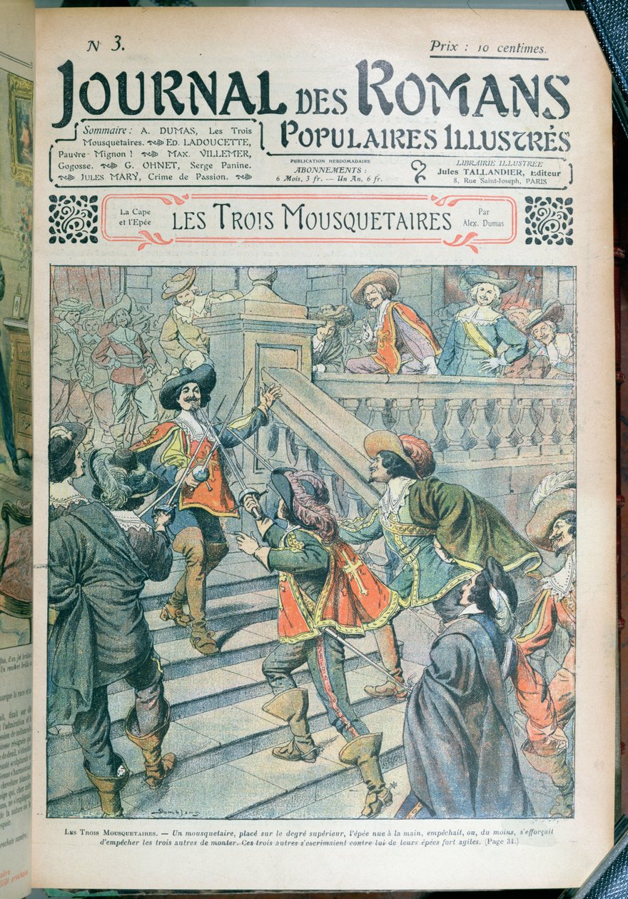 Portada de una serialización de Los Tres Mosqueteros de Alexandre Dumas padre (1803-70) del Journal des Romans Populaires Illustrés, 1905 de Eugene Damblans