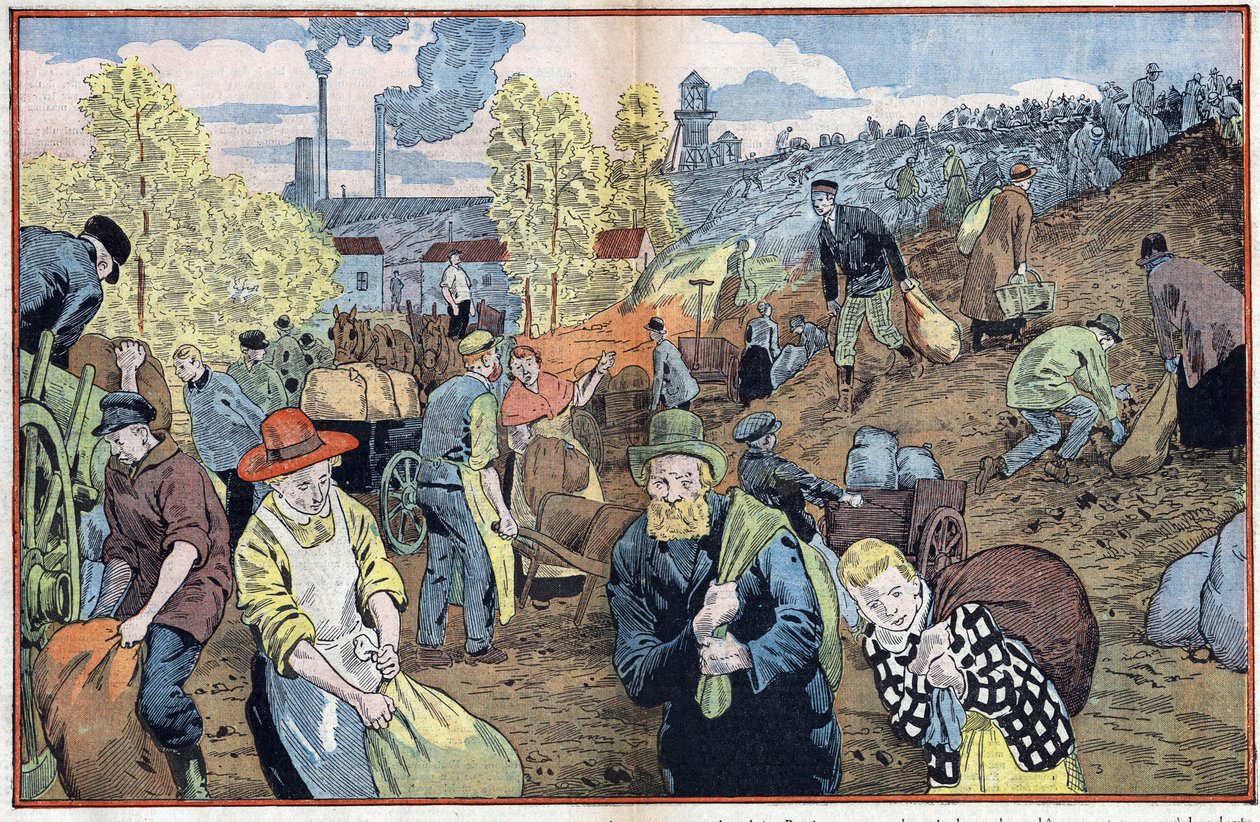 Cazadores buscan trozos de carbón entre las piedras extraídas de las minas para calentarse durante el invierno. Región del Ruhr, Alemania. Ilustración de Damblans. En "Le Pelerin" del 4 de octubre. de Eugene Damblans